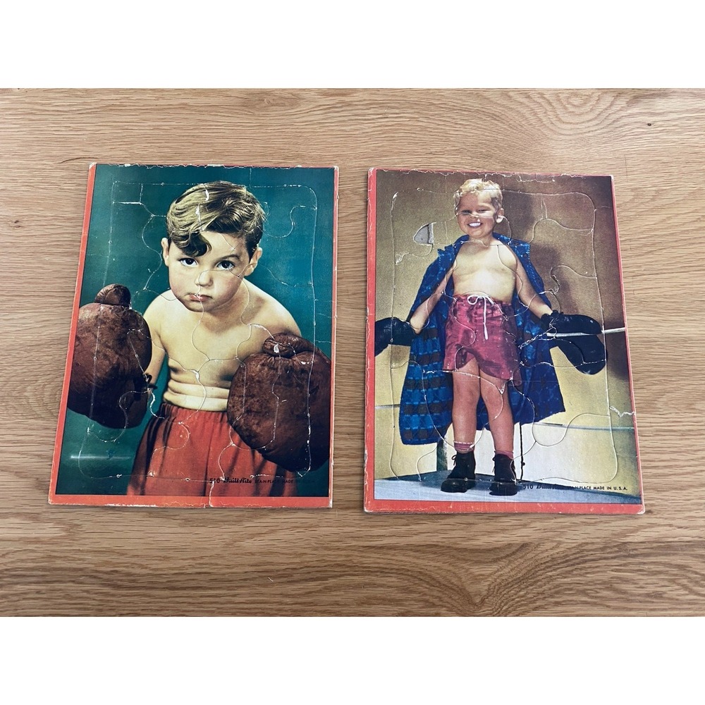 VTG Warren Built‎ Rite Sta-N-Place Boxing Boys Tray Puzzles 510 Lot of Two MCM